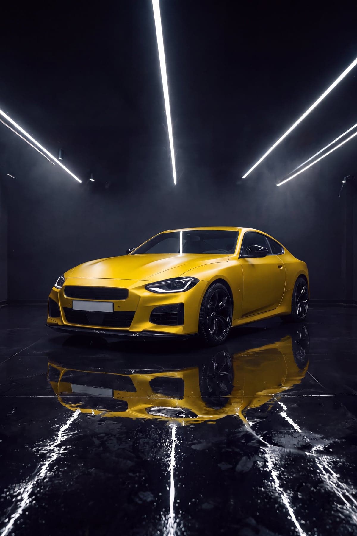El mismo auto con wrap amarillo satín y espejos negro gloss, generado con IA